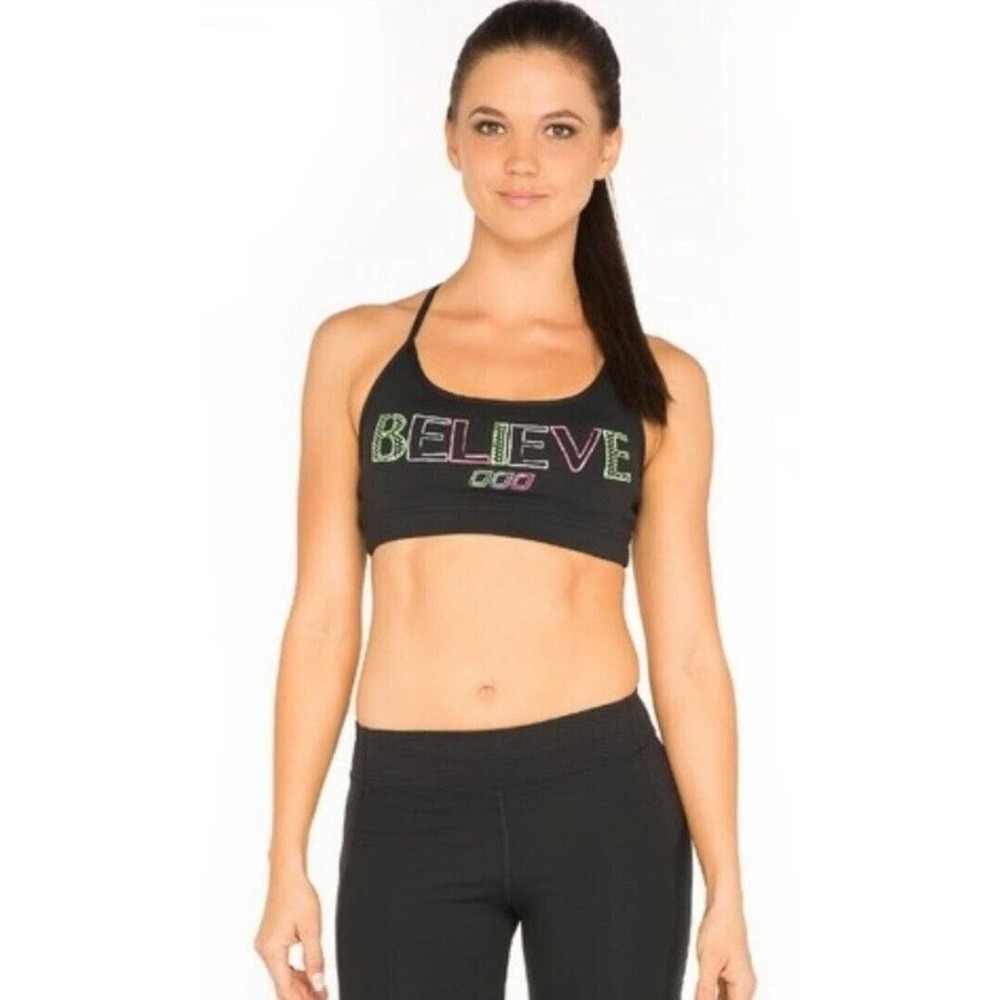 Lorna Jane Believe Sports Bra Black Adjustable Straps Graphic Activewear Womens